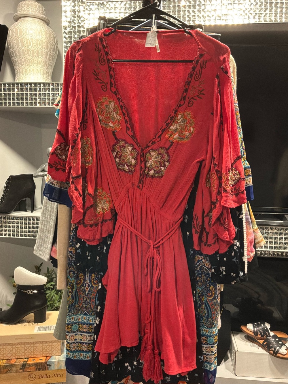 Free People Red Embroidered Tie-Waist Mini Dress